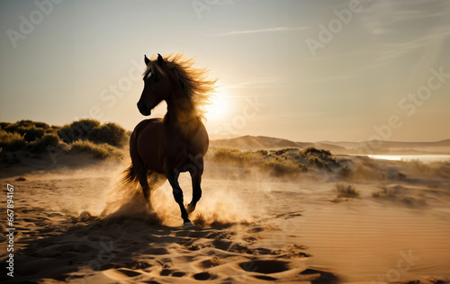 The imposing brown stallion trots majestically on the beach with the wind blowing on his splendid mane and the sun making his brown coat bathed in the saltiness of the blue sea shine.