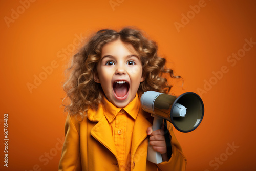 Young toddler blond girl in yellow shirt and jacket happily screaming in megaphone loudspeaker on studio orange background. Important announcement news, significant messages sale discount concept photo