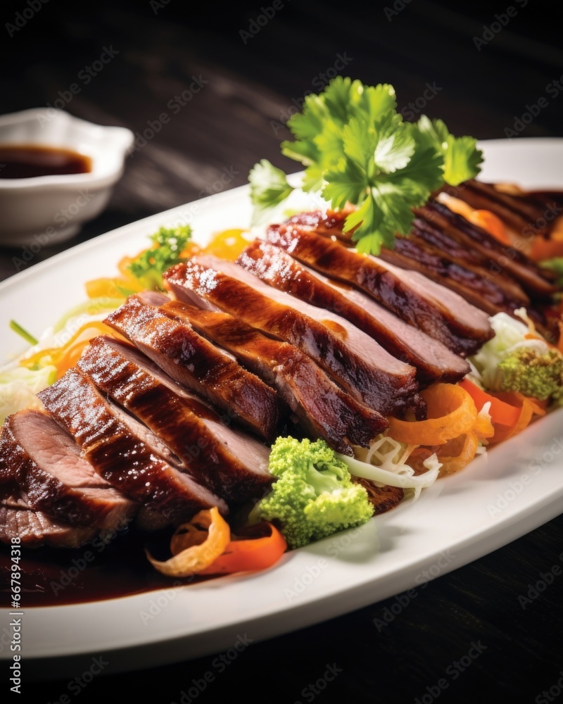 A dish that epitomizes culinary perfection, the roasted duck boasts a remarkable outer layer that crackles as you slice into it, revealing a juicy, flavorful meat that is nothing short of