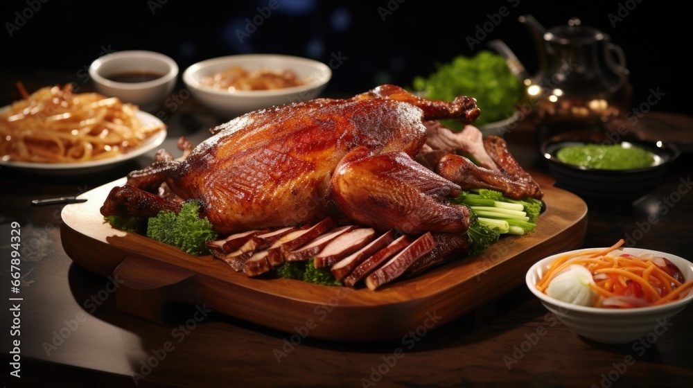 The roasted duck captivates the senses with its alluring aroma a blend of earthy and savory notes emanating from its crispy skin, unveiling a tender, pink meat that is infused with rich The roasted duck captivates the senses with its alluring aroma a blend of earthy and savory notes emanating from its crispy skin, unveiling a tender, pink meat that is infused with rich