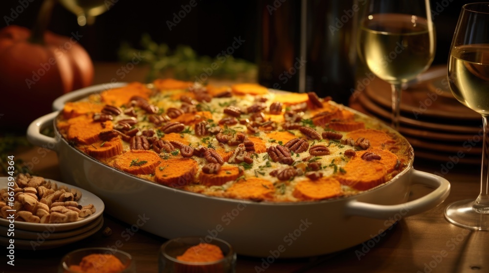 An elegantly presented sweet potato casserole commands attention with its captivating layers of gratifying flavors. Moist and fragrant sweet potatoes are delicately smeared with a savory An elegantly presented sweet potato casserole commands attention with its captivating layers of gratifying flavors. Moist and fragrant sweet potatoes are delicately smeared with a savory
