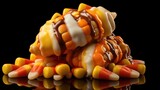 A single candy corn kernel takes center stage in this intimate shot, showcasing its meticulously layered appearance. The visible striations and subtleties of color compel one to appreciate