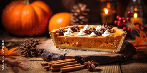 Hazy, warmtoned image featuring a slice of pumpkin pie served on a rustic wooden board, surrounded by autumnal elements like dried orange slices and cinnamon sticks. The photo exudes a cozy,