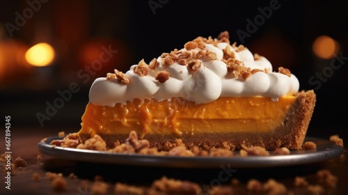 Side view of a pumpkin pie, emphasizing its layers of flavors. From the bottomup, you can see the ery crust, the velvety pumpkin filling, and the toasty pecan topping, providing a delightful photo