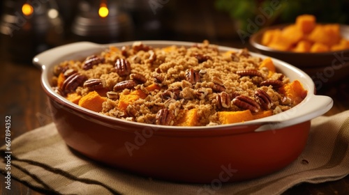 A rusticchic style image portrays a sweet potato casserole that embraces its cozy essence. Delicately caramelized sweet potatoes peek through a rustic, crumbly topping, a magnificent blend