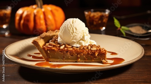 Showcasing a slice of pumpkin pie served on a vintage dessert plate, alongside a scoop of creamy vanilla ice cream. The warm pie contrasts beautifully with the cold ice cream, creating a