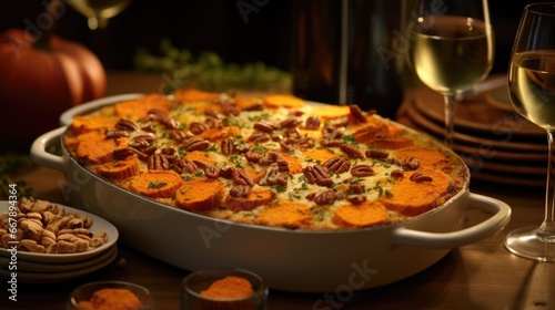 An elegantly presented sweet potato casserole commands attention with its captivating layers of gratifying flavors. Moist and fragrant sweet potatoes are delicately smeared with a savory