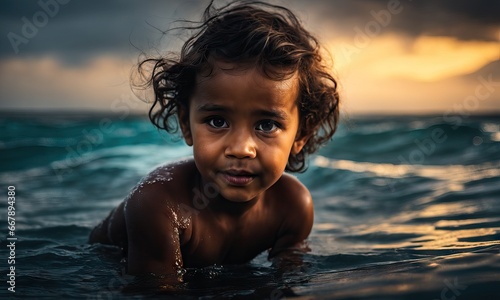 Child playing on tropical beach. Family summer vacation in Asia. Kid swim in ocean water. Little boy swimming in exotic sea. Travel with children. Water and beach sport