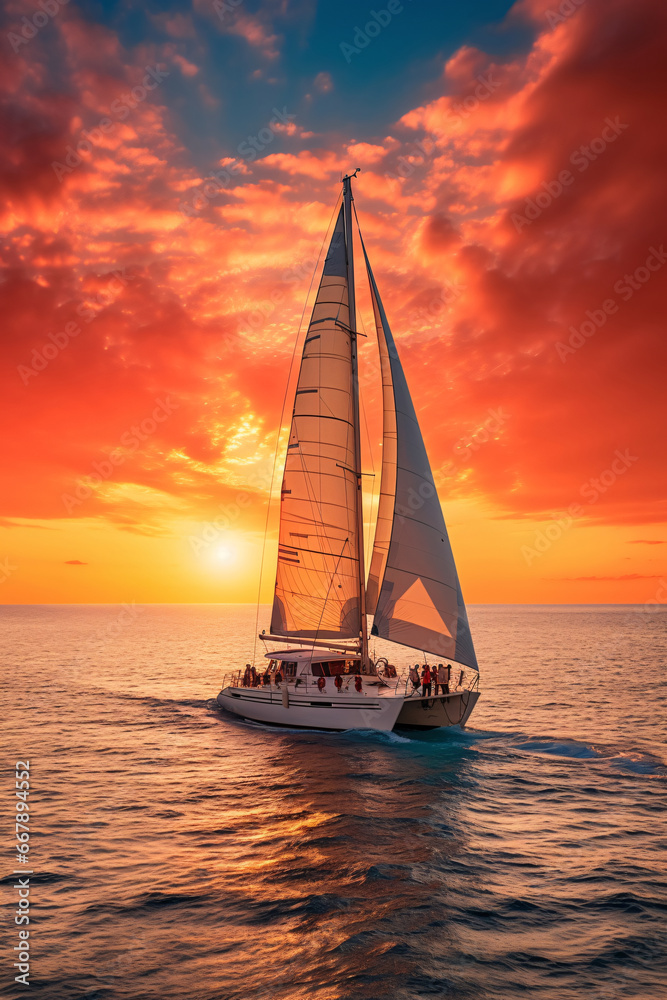 Luxurious Sunset Soiree  Friends Reveling in Champagne and Laughter Aboard a Catamaran Yacht