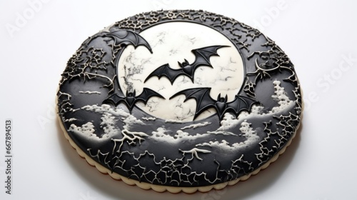 A moonshaped sugar cookie, coated with a glossy black sugar glaze that mimics the night sky. Intricate white icing patterns create an ethereal image of bats soaring in front of a hauntingly
