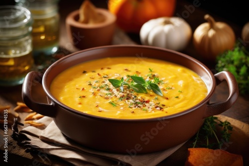 Take in the enchanting fragrance of this pumpkin soup, as the aroma of freshly grated nutmeg captivates your senses and transports you to a cozy fireside.