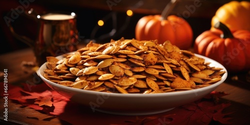 An artful photography composition showcasing deeply roasted pumpkin seeds that have been generously coated with a luscious blend of maple syrup, cinnamon, and nutmeg, creating a delightful photo