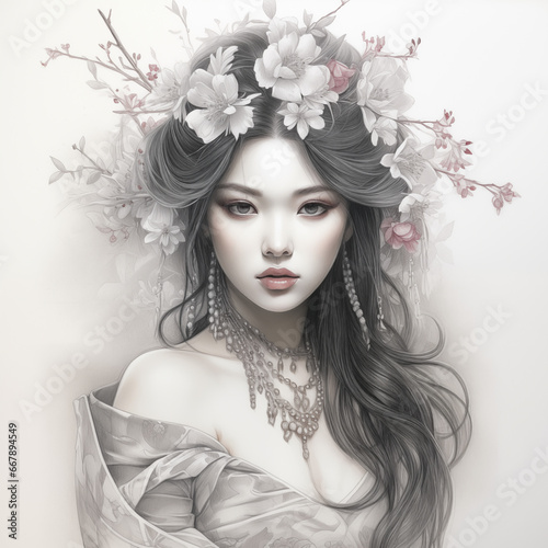 Ethereal Elegance: Pencil Drawing of a Japanese Geisha with Sakura Blossoms