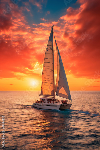 Luxurious Sunset Soiree  Friends Reveling in Champagne and Laughter Aboard a Catamaran Yacht © Saran