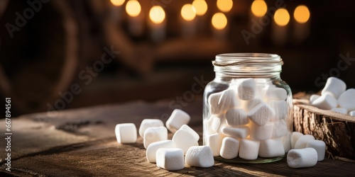 Exuding charm and a touch of whimsy, a jar of ghostshaped marshmallows sits on a rustic wooden surface, a tempting invitation for those with an irrepressible sweet tooth.