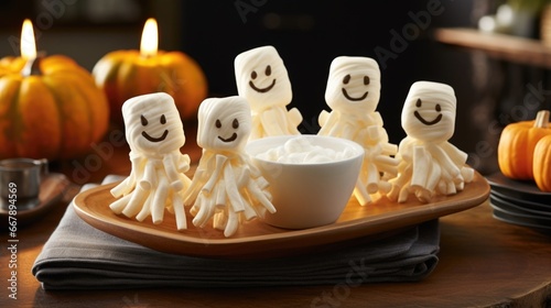Playfully arranged on a tray, these irresistible marshmallow apparitions epitomize the essence of Halloween, with their ghostly forms offering a delightful treat that will surely cast a © Justlight