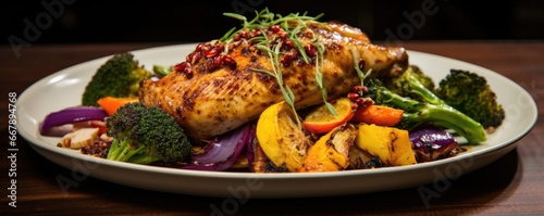 The goldenroasted chicken, accompanied by a medley of perfectly charred seasonal vegetables, offers a wholesome and satisfying meal that will leave you craving for seconds. photo