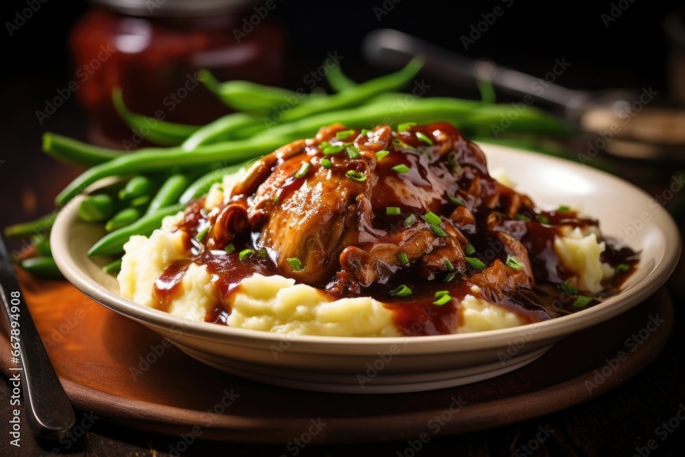 A classic, rustic French dish of coq au vin, featuring succulent chicken thighs braised in a rich red wine sauce, studded with caramelized shallots, alongside a mound of ery mashed potatoes - obrazy, fototapety, plakaty 