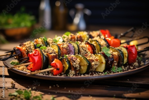 A platter of grilled vegetable skewers, each one showcasing marinated peppers, zucchini, and eggplant, charred to perfection and served atop a bed of quinoa, dressed with a tangy, herbinfused