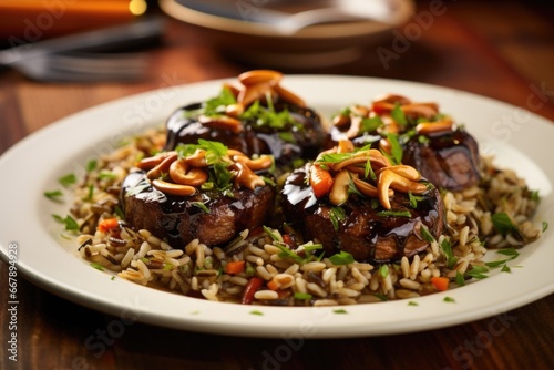 A vibrant, colorful plate of grilled portobello mushrooms, marinated in balsamic vinaigrette until tender and paired with a fragrant, wild rice pilaf, topped with toasted pine nuts for an