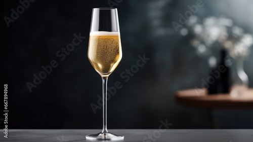 A tall, slender flute showcases a mesmerizing effervescence, forming a dense yet delicate mousse that tickles the senses. The sparkling wines pale amber shade hints at the bold flavors that