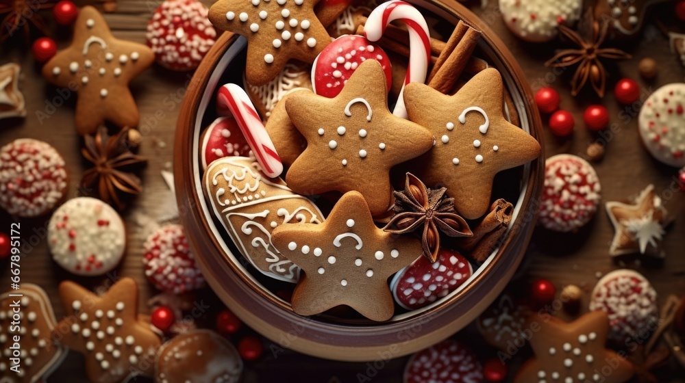 An overhead shot of a gingerbread cookie jar, overflowing with sctious treats. Delicate gingerbread stars, hearts, and candy caneshaped cookies are neatly stacked, emanating mouthwatering
