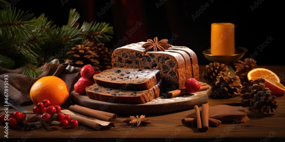 Obraz premium An enchanting image capturing the allure of a perfectly sliced fruitcake, showcasing the unmistakable aroma of cinnamon, nutmeg, and a hint of cloves gently wafting through the air, inviting