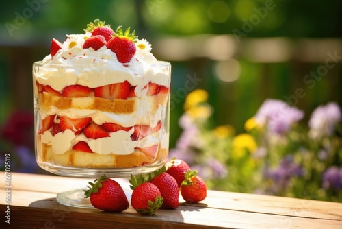 A picturesque shot capturing the essence of summertime, featuring a sctious strawberry shortcake trifle alternating layers of crumbled sponge cake, creamy custard, and juicy strawberries,
