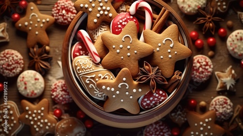 An overhead shot of a gingerbread cookie jar, overflowing with sctious treats. Delicate gingerbread stars, hearts, and candy caneshaped cookies are neatly stacked, emanating mouthwatering