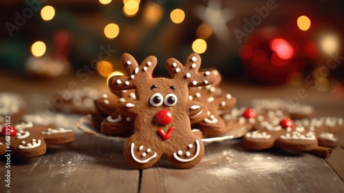 A festive food shot capturing gingerbread cookies transformed into joyful reindeer. The cookies are carefully designed with chocolate antlers and expressive icing eyes, creating a delightful