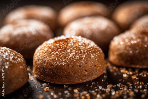 A mouthwatering food shot highlighting bitesized gingerbread cookies dusted with cinnamonsugar, enhancing their irresistible aroma. These miniature treats are perfect for snacking, and their
