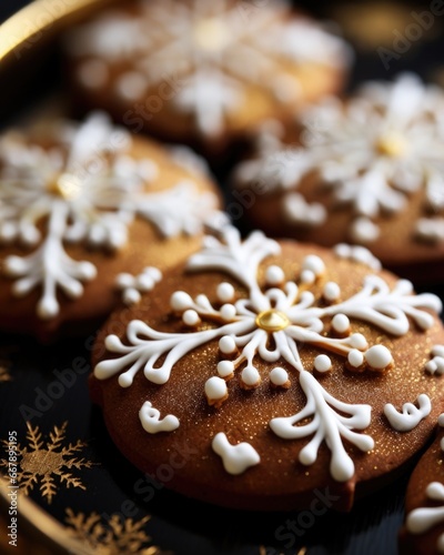 A closeup shot of gingerbread cookies adorned with delicate edible gold leaf, adding a touch of elegance and sophistication. The golden accents shimmer under the light, making these cookies