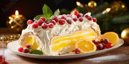A mouthwatering Yule log cake that adds a fruity twist to the traditional recipe, bringing together layers of tangy lemon sponge cake with a refreshing lemon curd filling, all wrapped in