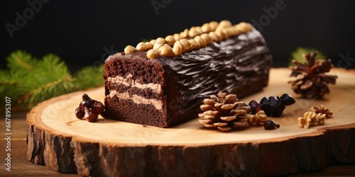 Experience a taste of the forest in every slice of this Yule log cake, as the moist chocolate sponge cake is layered with a smooth hazelnut praline mousse, invoking the essence of roasted