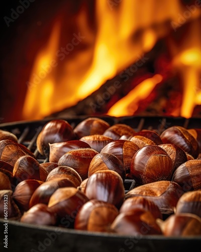 An upclose image showcasing the beauty of a freshly roasted chestnut, its smooth, caramelcolored shell just beginning to reveal the delectable inner kernel, providing a glimpse into the photo