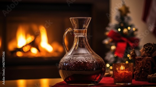 A graceful glass decanter holds a deep chestnutcolored mulled wine, allowing it to breathe and release its tantalizing aromas. The heady scent of gently heated red wine blended with aromatic photo