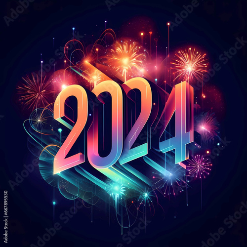 New Year 2024 illustration concept. Colorful New Year 2024 number against the fireworks.