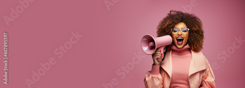  Significant messages or sale discount, important announcement news concept. African American woman screaming in megaphone loudspeaker on studio pink background. Empty space place for text, copy paste