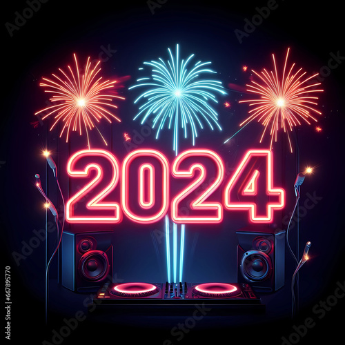 New Year 2024 illustration concept. Dj set and New Year 2024 neon sign.