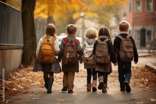Group of Children Walking Together on Leaf-Covered Path, Autumn Backlight