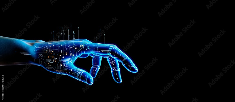virtual real digital hand in motion on black background, bionic hand ...