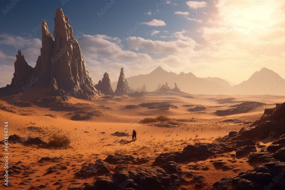 A desert landscape with sand, rocks, and distant pyramids. Cinematic and detailed, depicting an Afrofuturism theme. Generative AI