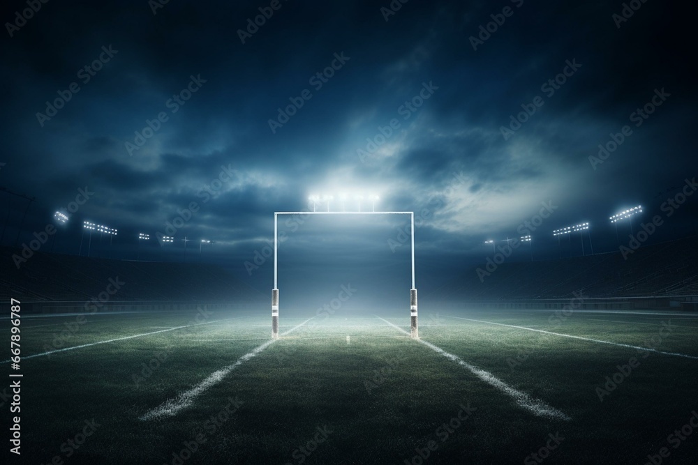 Brightly lit football field with empty goal post. Generative AI