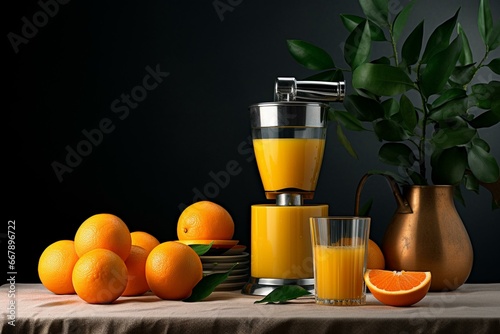 Orange juice and juicer on table. Generative AI