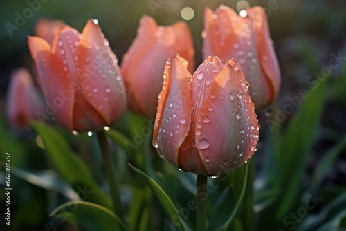 Morning dew on tulips. Generative AI