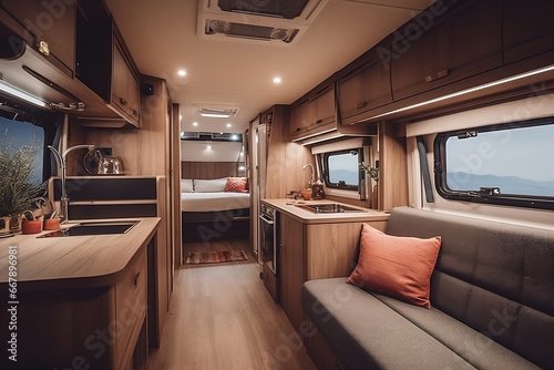 Cosy like home travel transport concept. Interior of motor home camping car automobile furnishing decor of bedroom, comfortable modern caravan house. Convenient areas for road travel for family couple