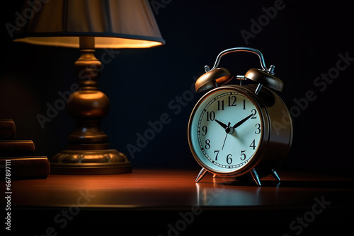Daylight saving time ends. Alarm clock on bedside table at night. Summer time end and fall season coming. Clock turn backward to winter time. Autumn equinox