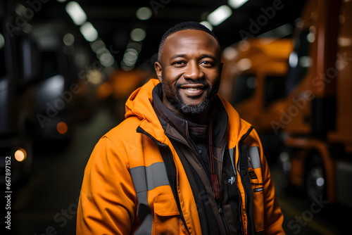 African American transportation factory truck driver standing and smiling by action arms crossed in front of lorry at container yard of port on evening photo
