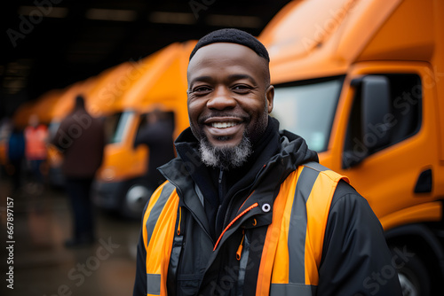 African American transportation factory truck driver standing and smiling by action arms crossed in front of lorry at container yard of port on evening photo