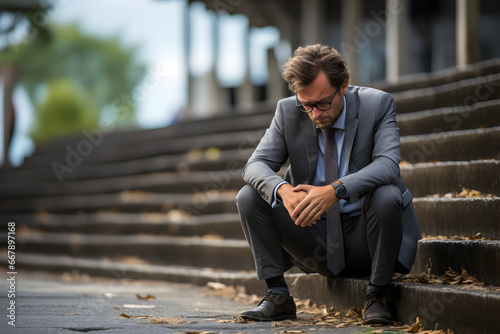 Business man in depression sitting on ground street concrete stairs suffering from overwork and stress photo